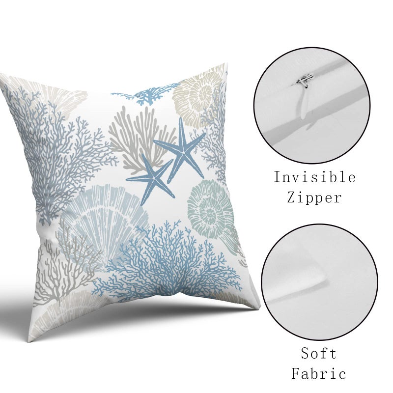 Sweetshow Nautical Coastal Throw Pillow Covers 18x18 Inch Summer Ocean Themed Seashell Coral Starfish Pillow Cases Set of 2 Soft Cotton Square Cushion Covers for Home Couch Sofa Patio Bedroom - Image 3